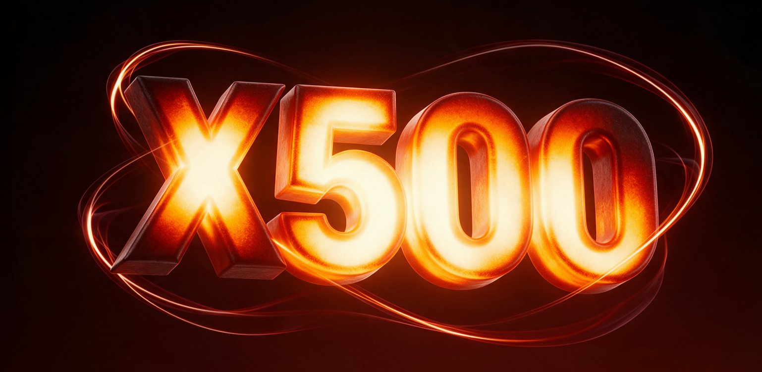 Объёмная надпись ×500, раскалённая до&nbsp;белого жара, в&nbsp;кольцах плазмы